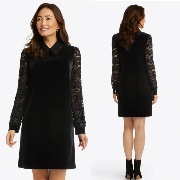 ✨NWT Draper James Black Lace Collared Velvet Shift Dress Size 0 - Picture 1 of 12